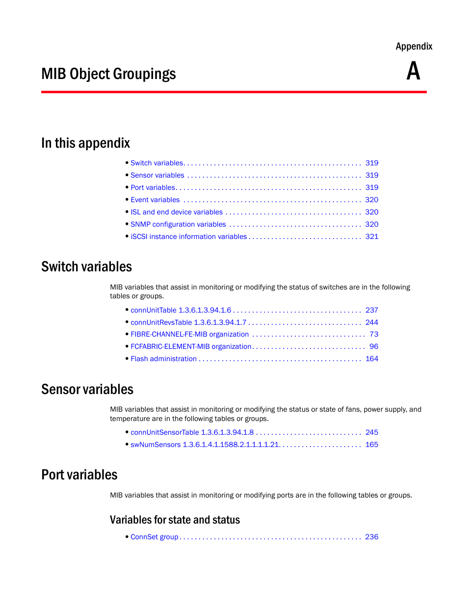 Mib object groupings, In this appendix, Switch variables | Sensor variables, Port variables, Variables for state and status, Appendix a, Appendix a, “mib object groupings | Dell POWEREDGE M1000E User Manual | Page 337 / 382