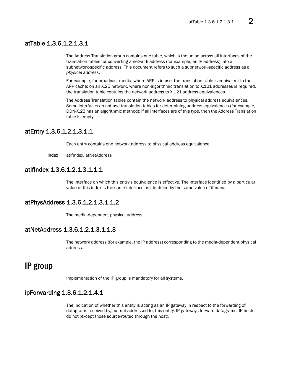 Ip group, Attable 1.3.6.1.2.1.3.1, Atentry 1.3.6.1.2.1.3.1.1 | Atifindex 1.3.6.1.2.1.3.1.1.1, Atphysaddress 1.3.6.1.2.1.3.1.1.2, Atnetaddress 1.3.6.1.2.1.3.1.1.3, Ipforwarding 1.3.6.1.2.1.4.1 | Dell POWEREDGE M1000E User Manual | Page 55 / 382