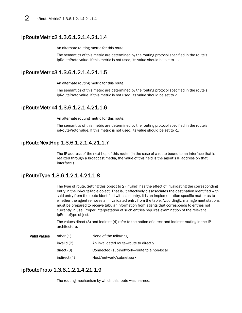 Iproutemetric2 1.3.6.1.2.1.4.21.1.4, Iproutemetric3 1.3.6.1.2.1.4.21.1.5, Iproutemetric4 1.3.6.1.2.1.4.21.1.6 | Iproutenexthop 1.3.6.1.2.1.4.21.1.7, Iproutetype 1.3.6.1.2.1.4.21.1.8, Iprouteproto 1.3.6.1.2.1.4.21.1.9 | Dell POWEREDGE M1000E User Manual | Page 60 / 382