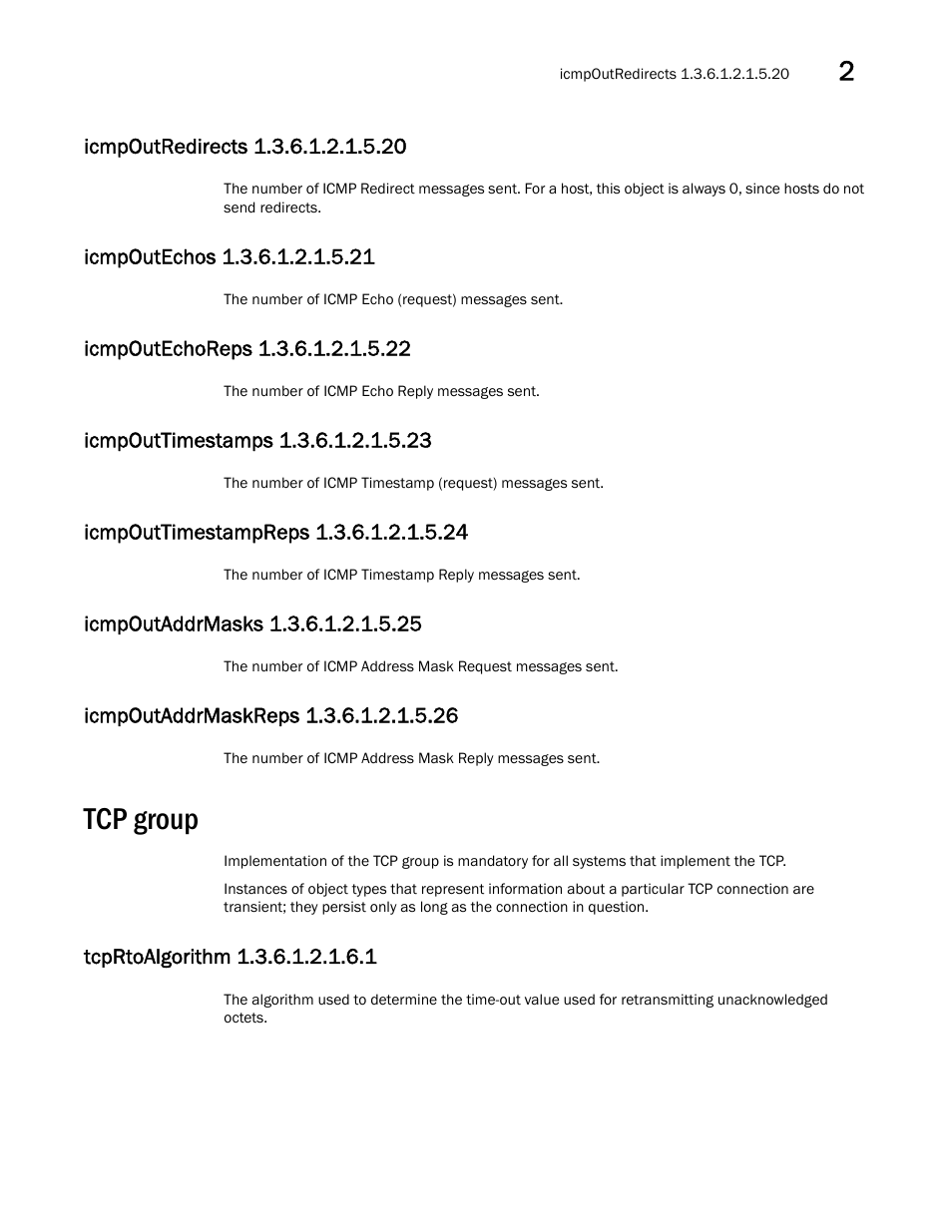 Tcp group, Icmpoutredirects 1.3.6.1.2.1.5.20, Icmpoutechos 1.3.6.1.2.1.5.21 | Icmpoutechoreps 1.3.6.1.2.1.5.22, Icmpouttimestamps 1.3.6.1.2.1.5.23, Icmpouttimestampreps 1.3.6.1.2.1.5.24, Icmpoutaddrmasks 1.3.6.1.2.1.5.25, Icmpoutaddrmaskreps 1.3.6.1.2.1.5.26, Tcprtoalgorithm 1.3.6.1.2.1.6.1 | Dell POWEREDGE M1000E User Manual | Page 65 / 382