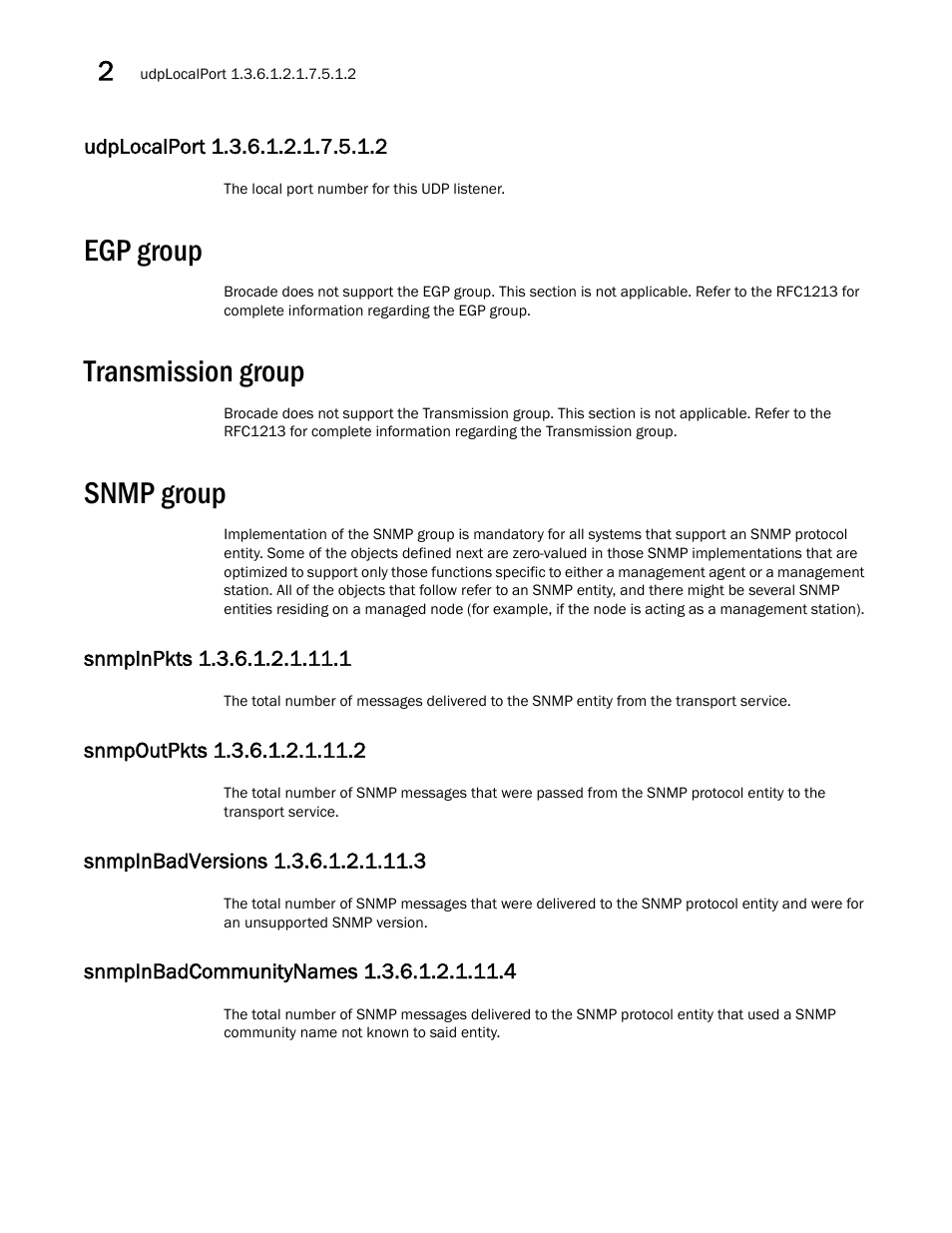 Egp group, Transmission group, Snmp group | Udplocalport 1.3.6.1.2.1.7.5.1.2, Snmpinpkts 1.3.6.1.2.1.11.1, Snmpoutpkts 1.3.6.1.2.1.11.2, Snmpinbadversions 1.3.6.1.2.1.11.3, Snmpinbadcommunitynames 1.3.6.1.2.1.11.4 | Dell POWEREDGE M1000E User Manual | Page 70 / 382