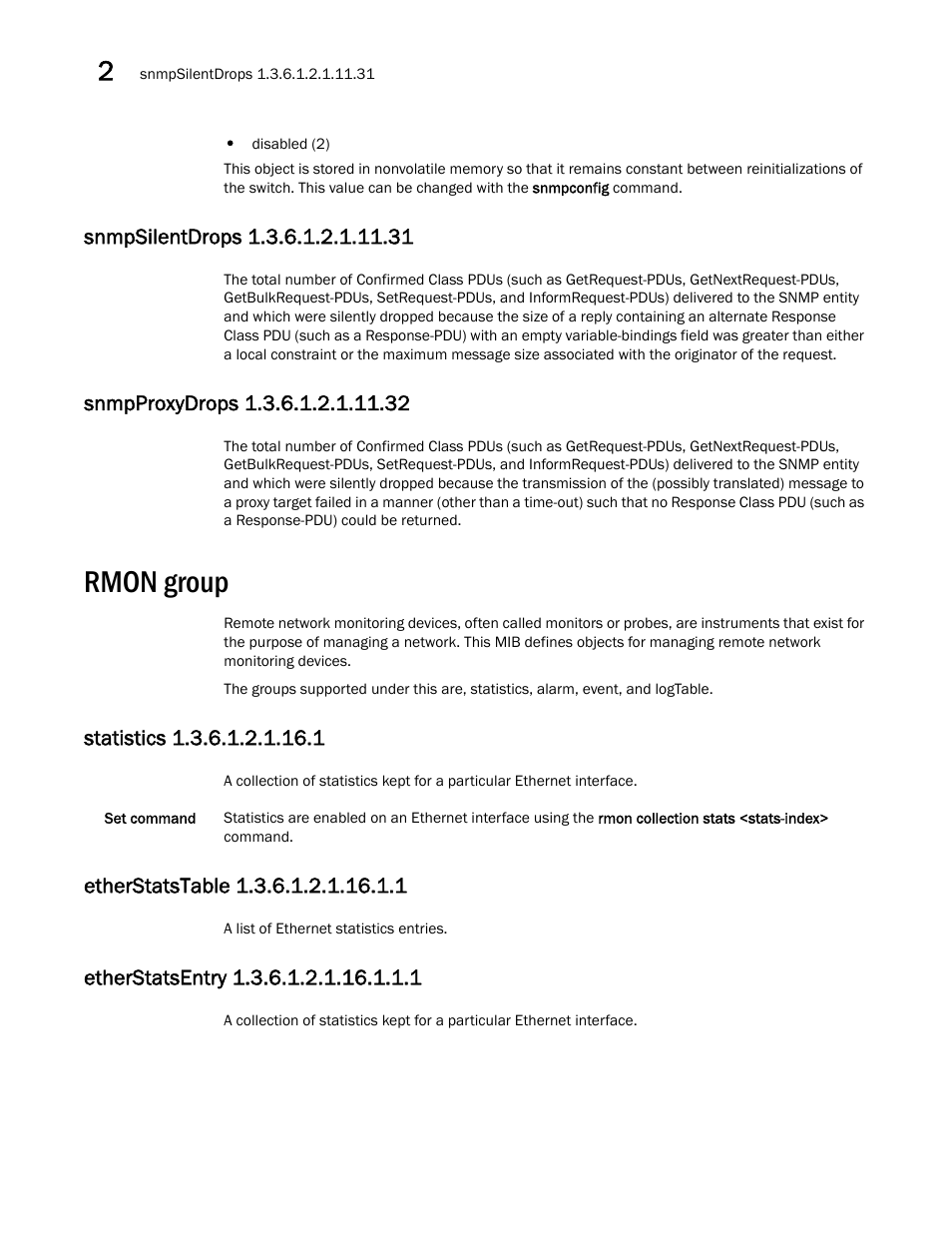 Rmon group, Snmpsilentdrops 1.3.6.1.2.1.11.31, Snmpproxydrops 1.3.6.1.2.1.11.32 | Statistics 1.3.6.1.2.1.16.1, Etherstatstable 1.3.6.1.2.1.16.1.1, Etherstatsentry 1.3.6.1.2.1.16.1.1.1 | Dell POWEREDGE M1000E User Manual | Page 74 / 382