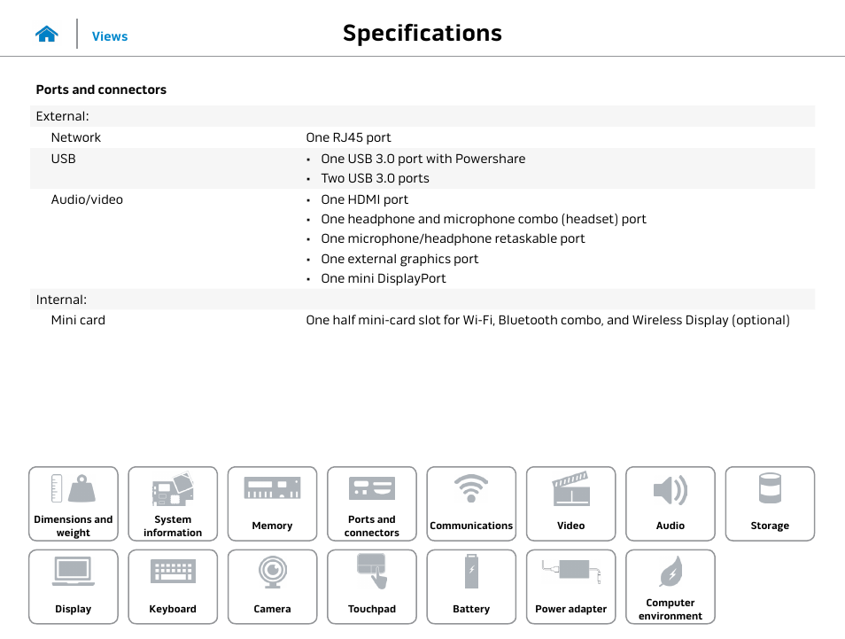 Ports and, Connectors, Specifications | Dell Alienware 13 (Late 2014) User Manual | Page 10 / 21