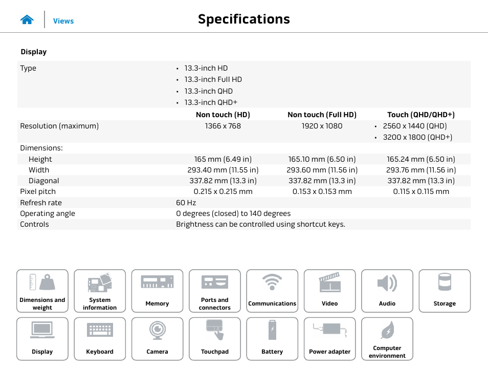 Display, Specifications | Dell Alienware 13 (Late 2014) User Manual | Page 15 / 21