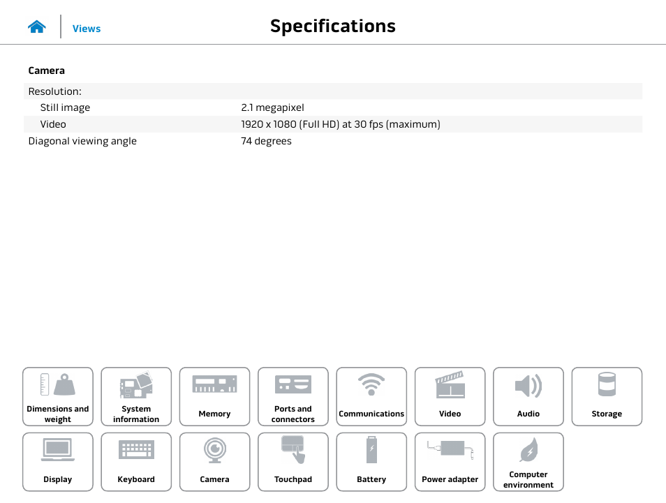 Camera, Specifications | Dell Alienware 13 (Late 2014) User Manual | Page 17 / 21