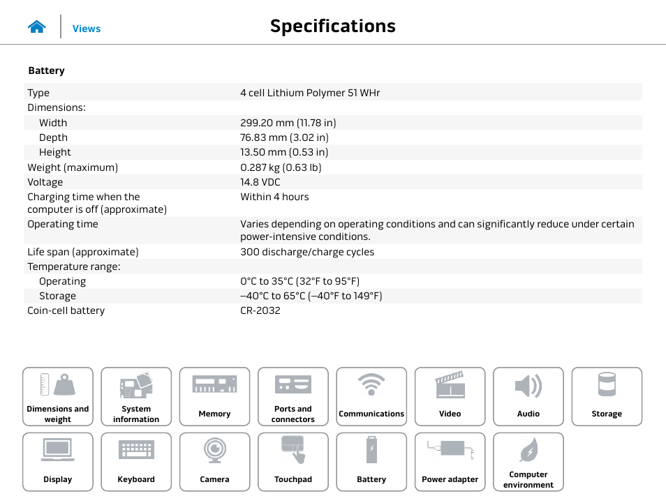 Battery, Specifications | Dell Alienware 13 (Late 2014) User Manual | Page 19 / 21