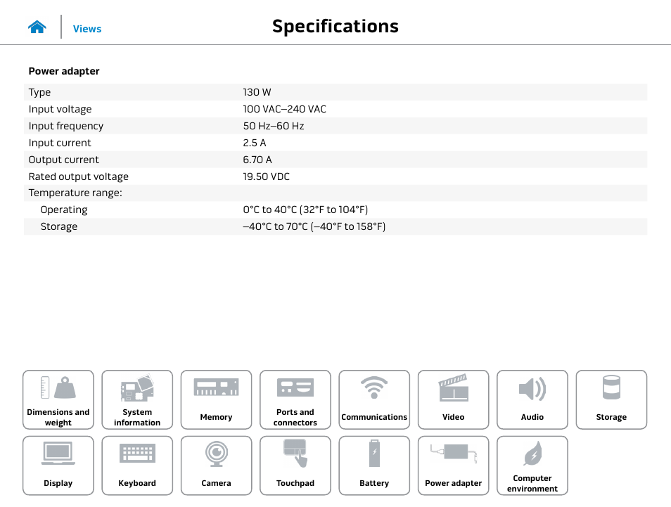 Power adapter, Specifications | Dell Alienware 13 (Late 2014) User Manual | Page 20 / 21
