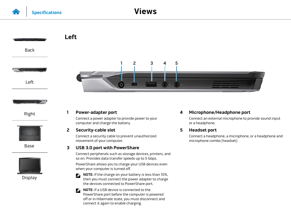Left, Views | Dell Alienware 13 (Late 2014) User Manual | Page 3 / 21