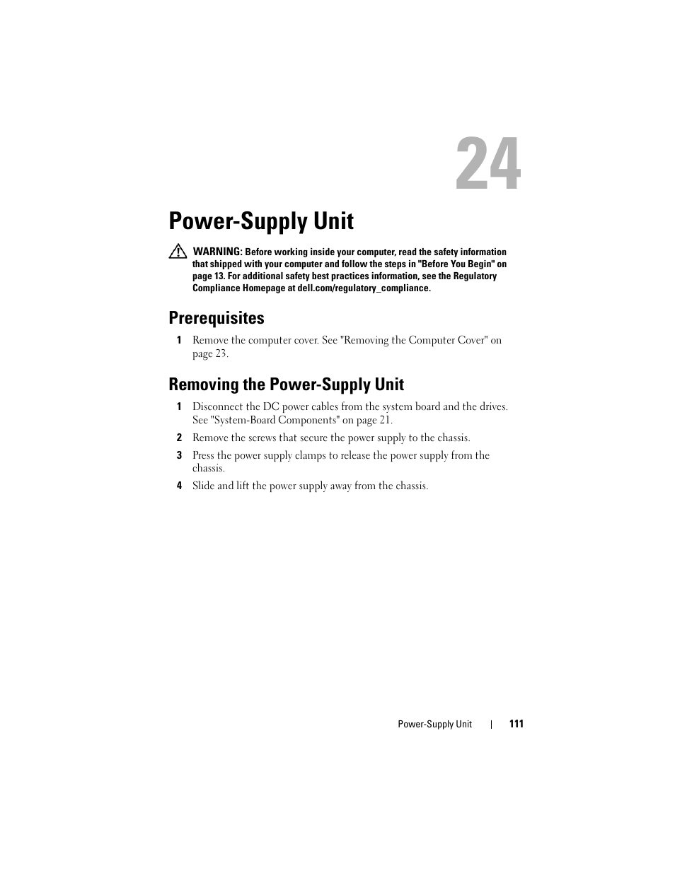 Power-supply unit, Prerequisites, Removing the power-supply unit | Dell XPS 8500 (Early 2012) User Manual | Page 111 / 136