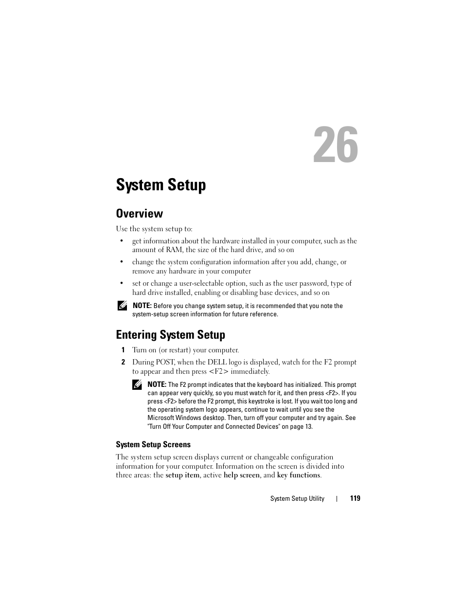 System setup, Overview, Entering system setup | System setup screens, Date. see "entering | Dell XPS 8500 (Early 2012) User Manual | Page 119 / 136