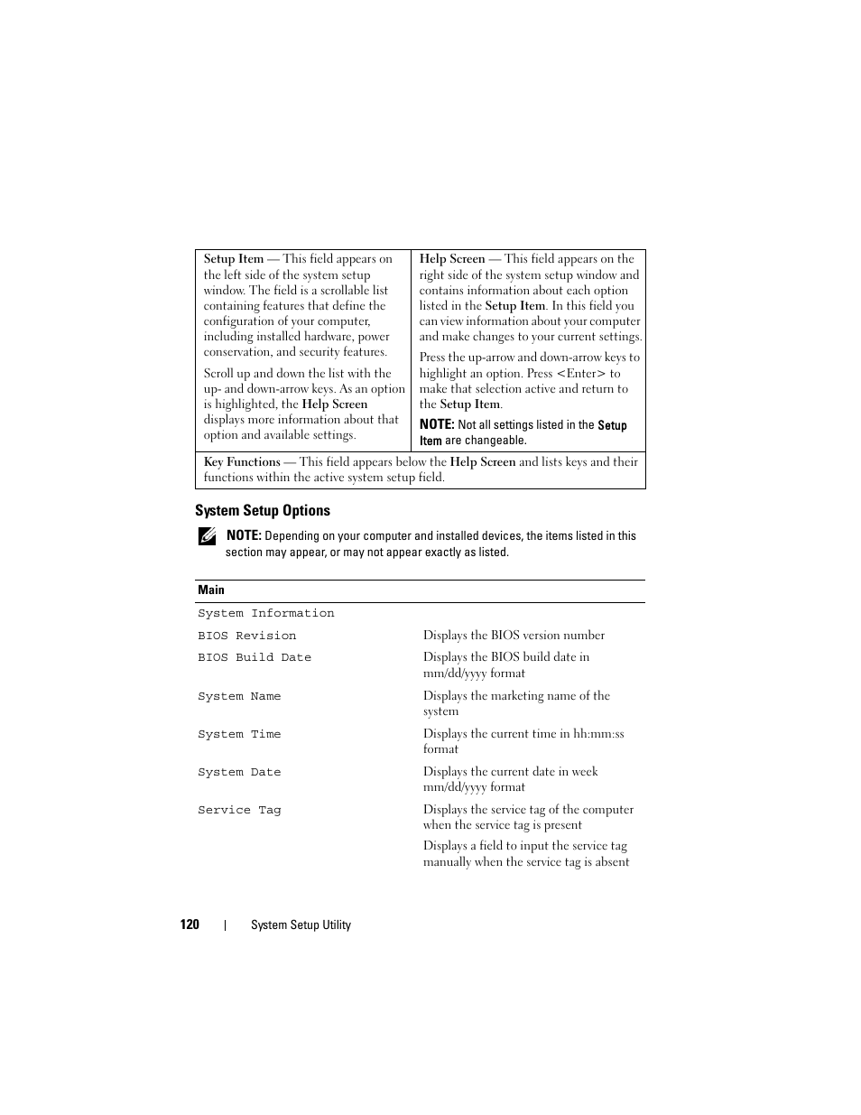 System setup options | Dell XPS 8500 (Early 2012) User Manual | Page 120 / 136