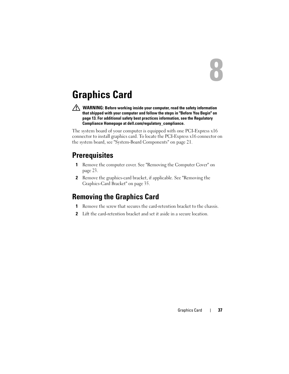 Graphics card, Prerequisites, Removing the graphics card | Dell XPS 8500 (Early 2012) User Manual | Page 37 / 136