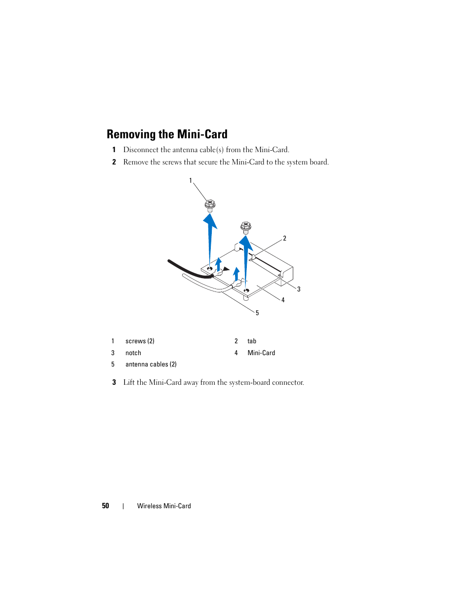 Removing the mini-card | Dell XPS 8500 (Early 2012) User Manual | Page 50 / 136