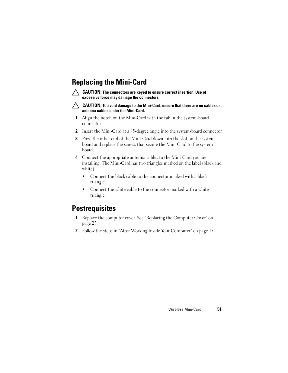 Replacing the mini-card, Postrequisites | Dell XPS 8500 (Early 2012) User Manual | Page 51 / 136