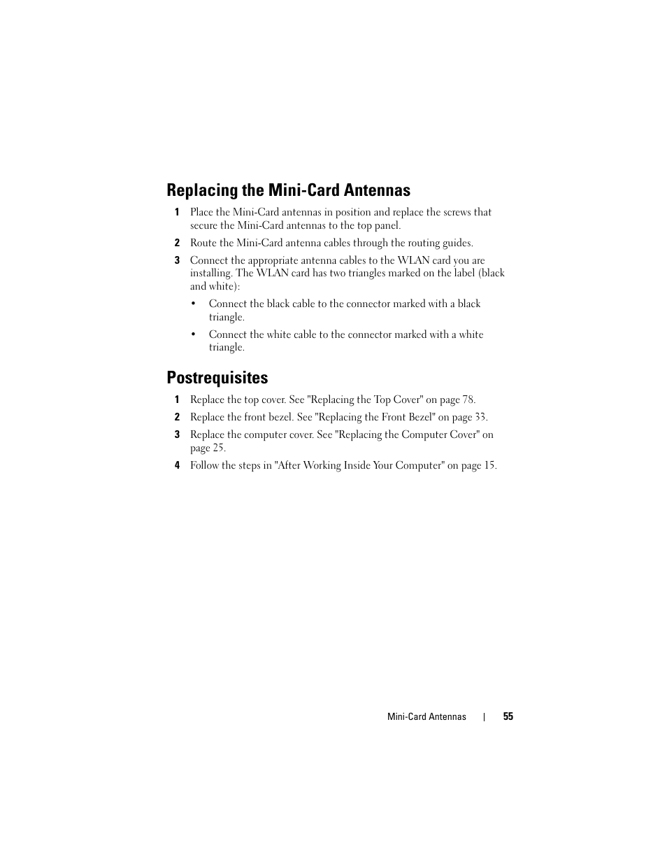 Replacing the mini-card antennas, Postrequisites | Dell XPS 8500 (Early 2012) User Manual | Page 55 / 136