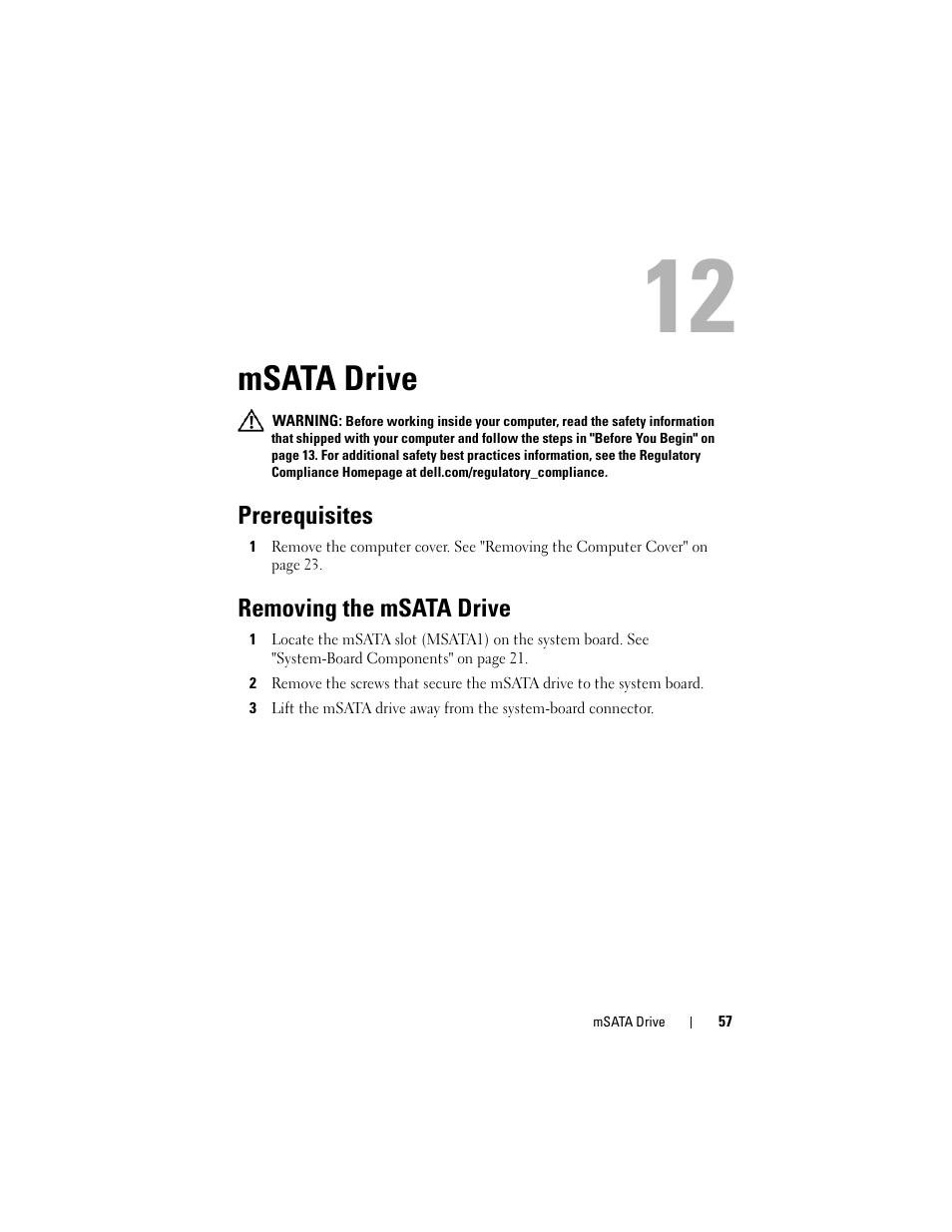 Msata drive, Prerequisites, Removing the msata drive | Dell XPS 8500 (Early 2012) User Manual | Page 57 / 136