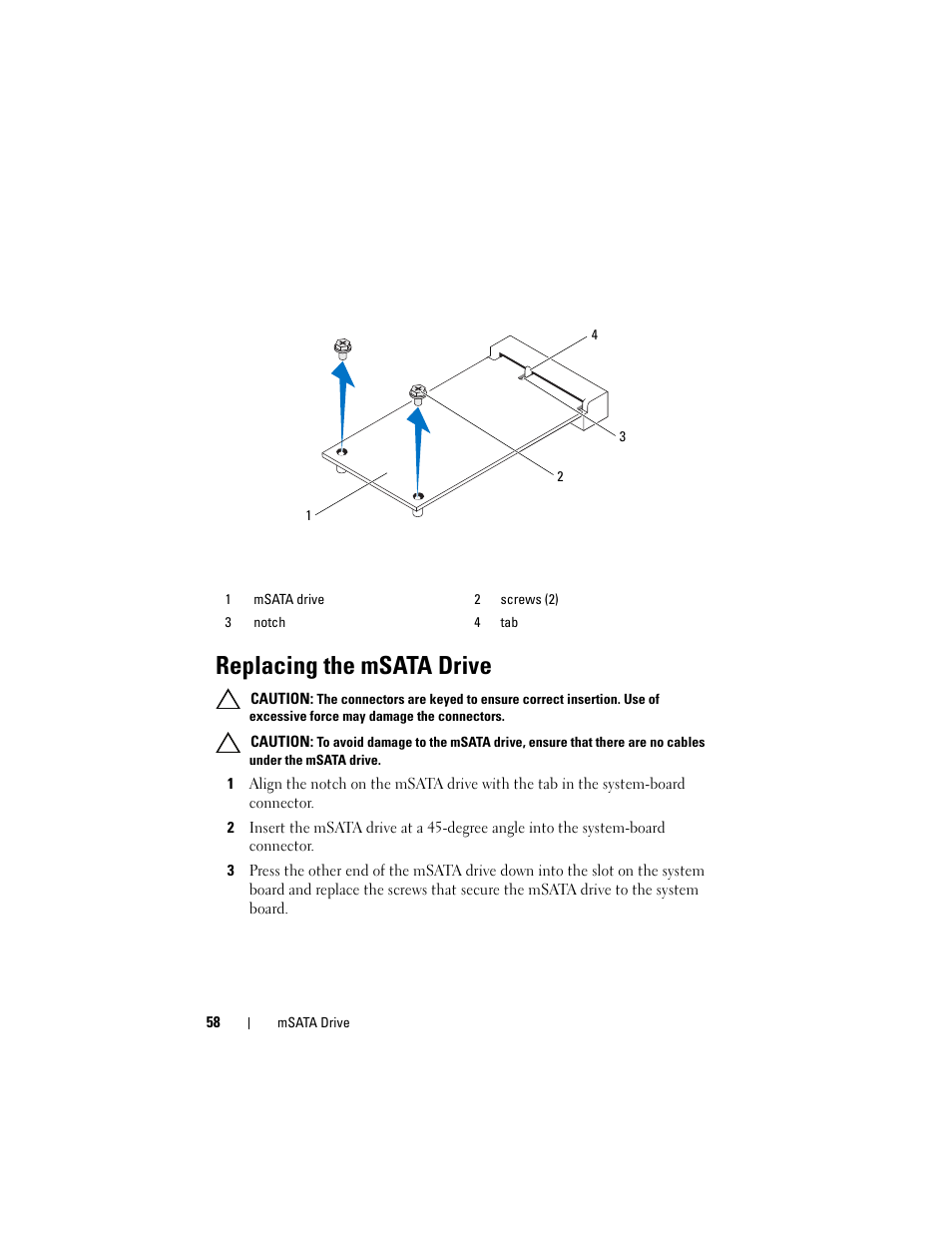 Replacing the msata drive | Dell XPS 8500 (Early 2012) User Manual | Page 58 / 136