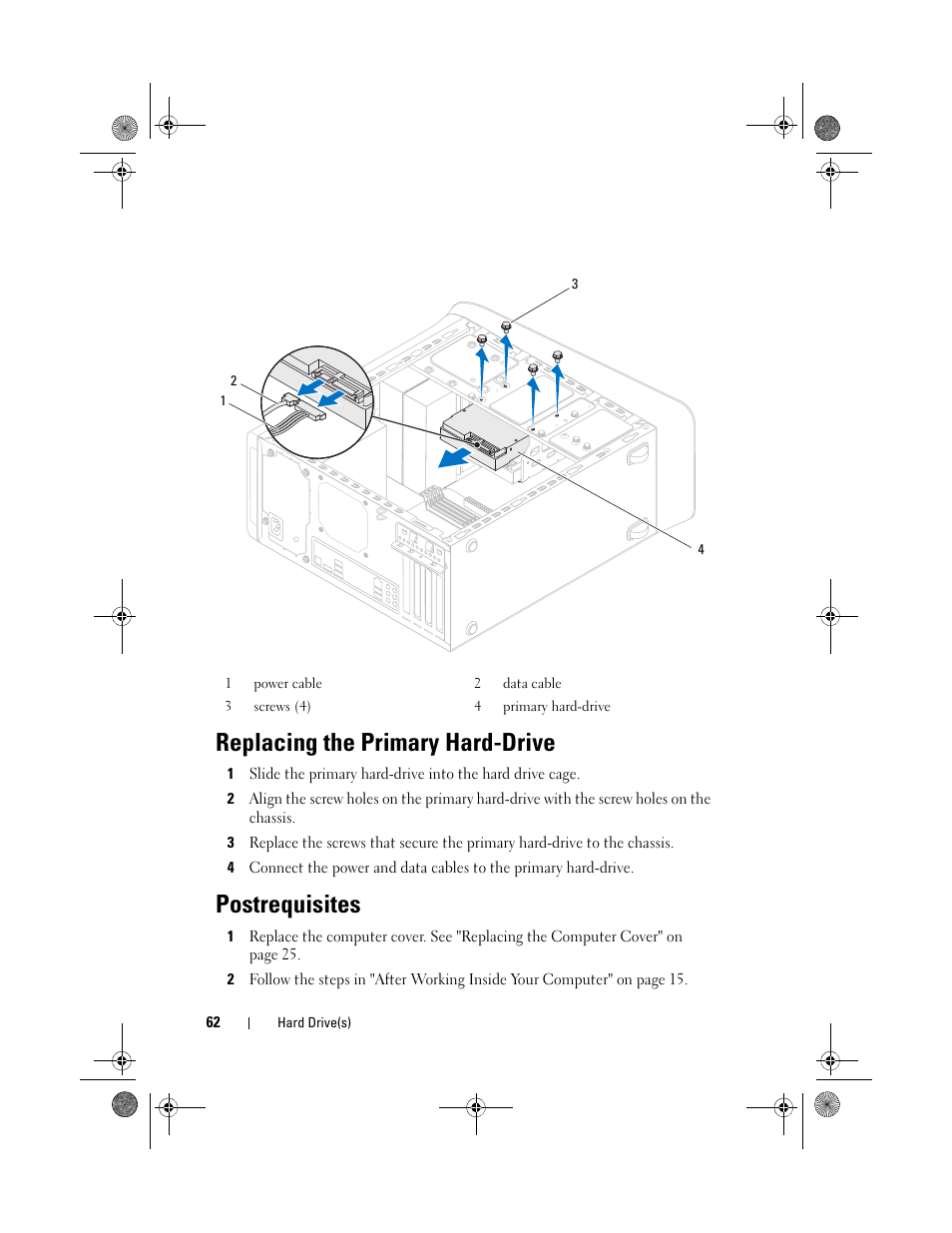 Replacing the primary hard-drive, Postrequisites | Dell XPS 8500 (Early 2012) User Manual | Page 62 / 136