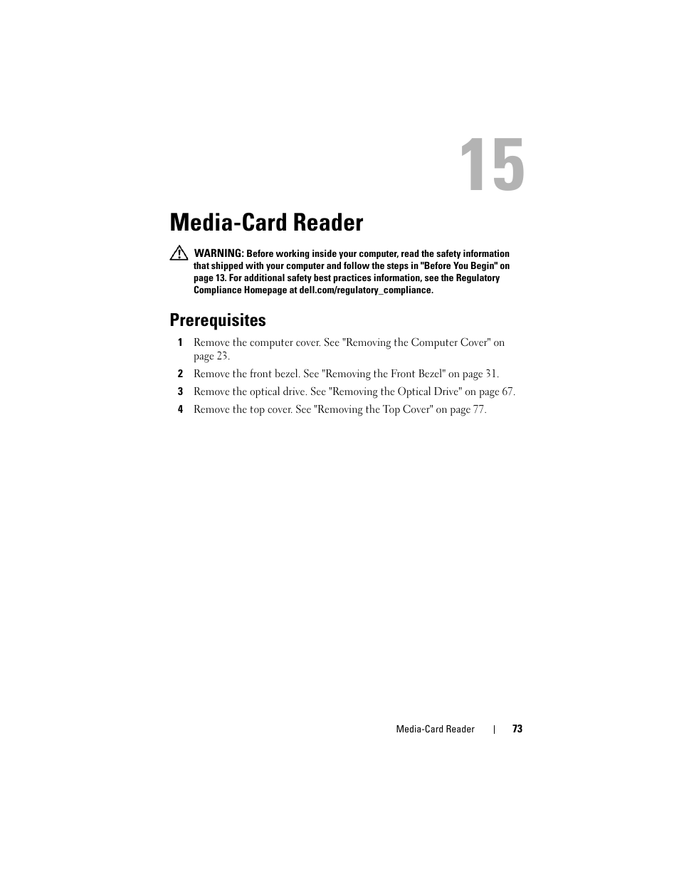 Media-card reader, Prerequisites | Dell XPS 8500 (Early 2012) User Manual | Page 73 / 136