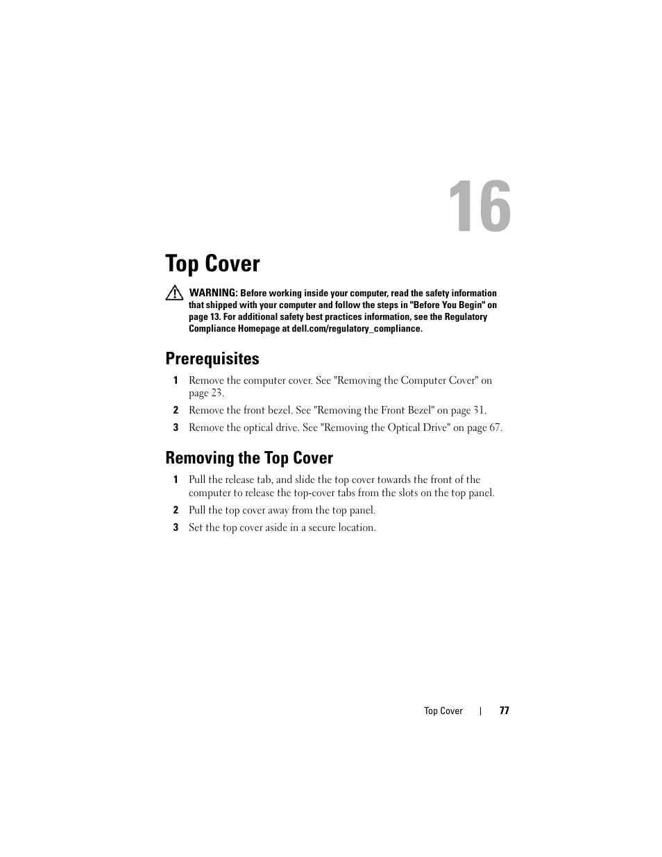 Top cover, Prerequisites, Removing the top cover | Dell XPS 8500 (Early 2012) User Manual | Page 77 / 136