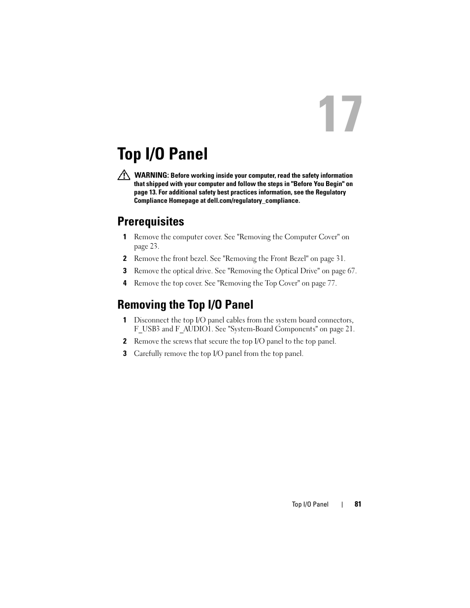 Top i/o panel, Prerequisites, Removing the top i/o panel | Dell XPS 8500 (Early 2012) User Manual | Page 81 / 136