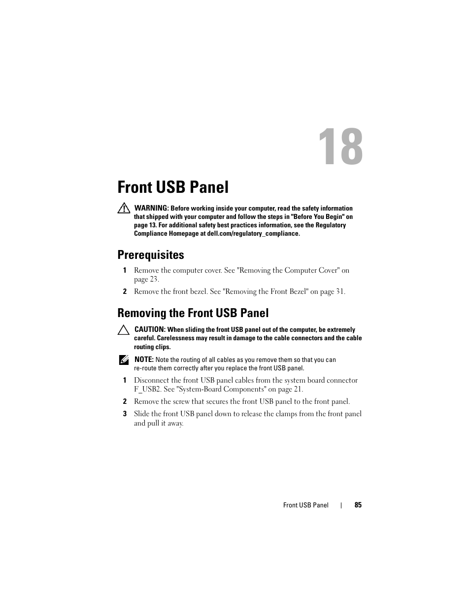 Front usb panel, Prerequisites, Removing the front usb panel | Dell XPS 8500 (Early 2012) User Manual | Page 85 / 136