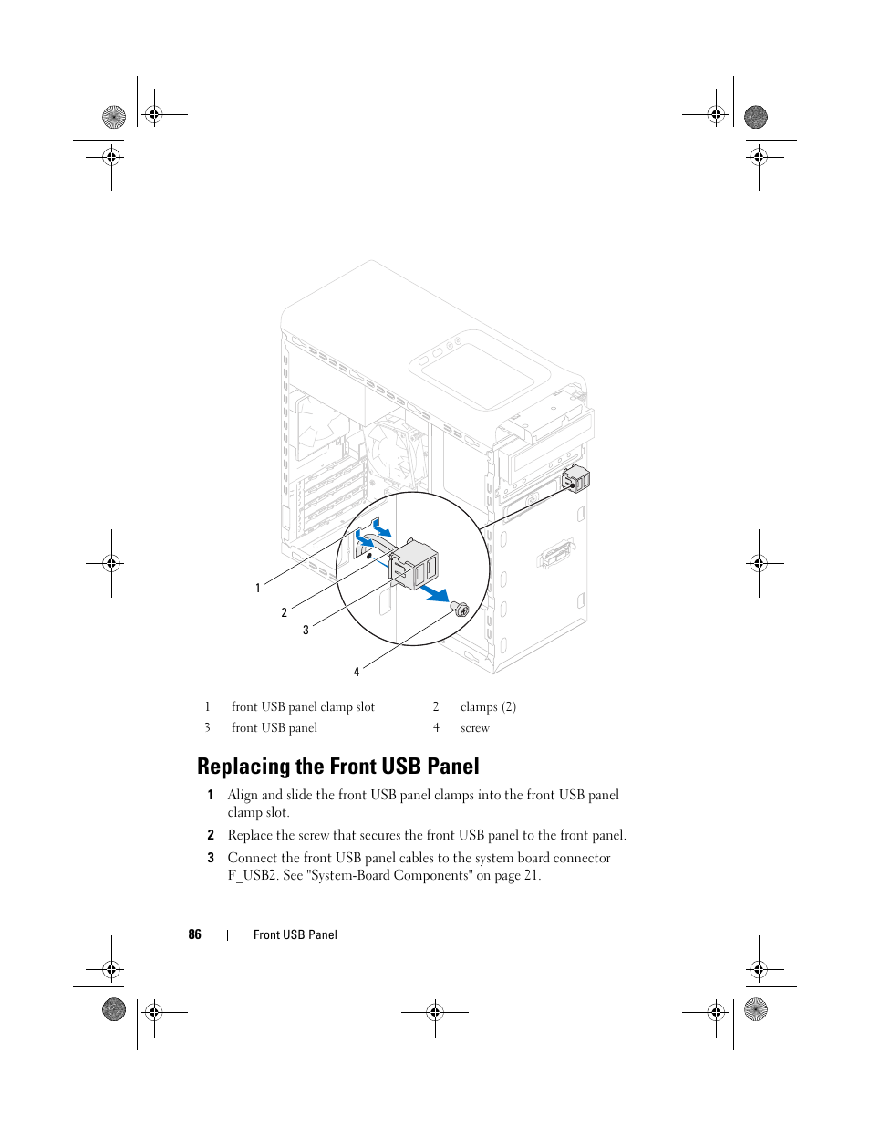 Replacing the front usb panel | Dell XPS 8500 (Early 2012) User Manual | Page 86 / 136