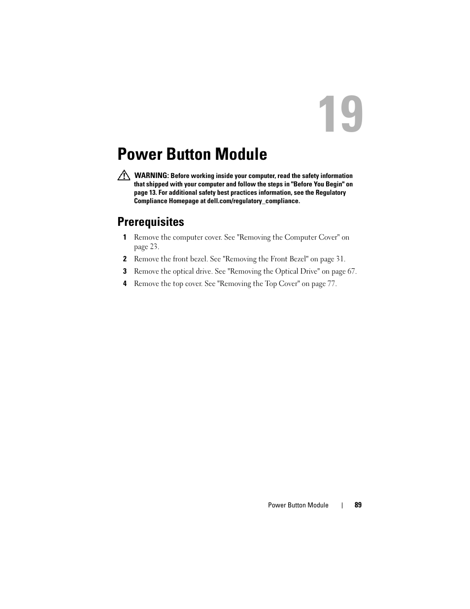 Power button module, Prerequisites | Dell XPS 8500 (Early 2012) User Manual | Page 89 / 136