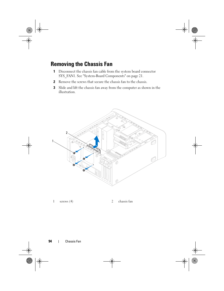 Removing the chassis fan | Dell XPS 8500 (Early 2012) User Manual | Page 94 / 136