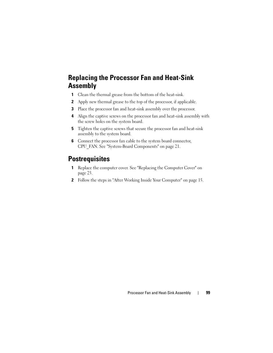 Replacing the processor fan and heat-sink assembly, Postrequisites | Dell XPS 8500 (Early 2012) User Manual | Page 99 / 136