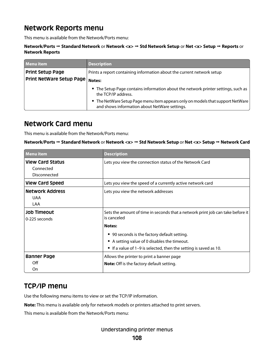 Network reports menu, Network card menu, Tcp/ip menu | Network reports menu network card menu tcp/ip menu | Dell 5530/dn Mono Laser Printer User Manual | Page 108 / 207