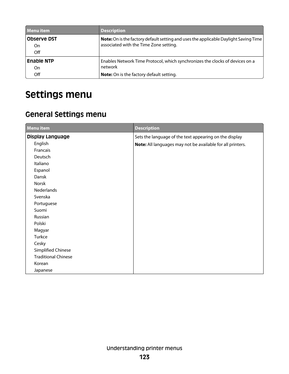 Settings menu, General settings menu | Dell 5530/dn Mono Laser Printer User Manual | Page 123 / 207