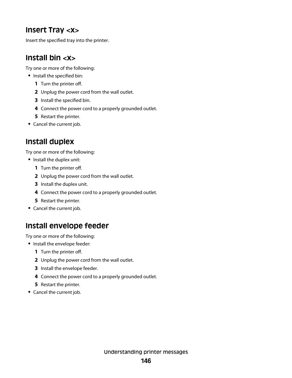 Insert tray <x, Install bin <x, Install duplex | Install envelope feeder | Dell 5530/dn Mono Laser Printer User Manual | Page 146 / 207