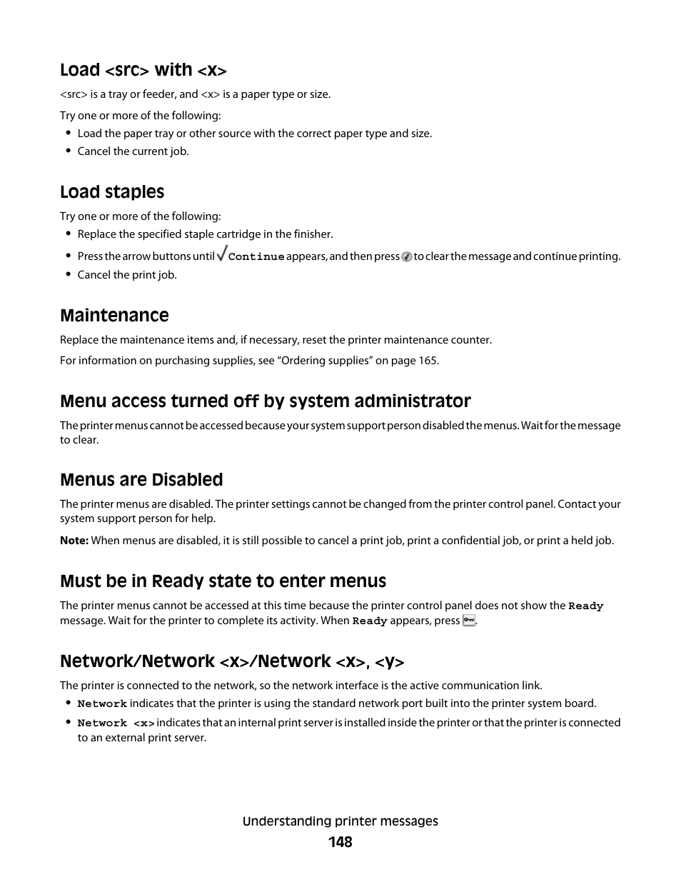 Load <src> with <x, Load staples, Maintenance | Menu access turned off by system administrator, Menus are disabled, Must be in ready state to enter menus, Network/network <x>/network <x>, <y | Dell 5530/dn Mono Laser Printer User Manual | Page 148 / 207