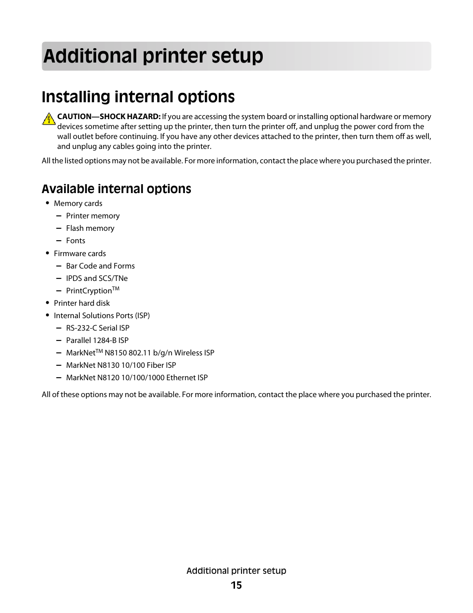 Additional printer setup, Installing internal options, Available internal options | Dell 5530/dn Mono Laser Printer User Manual | Page 15 / 207