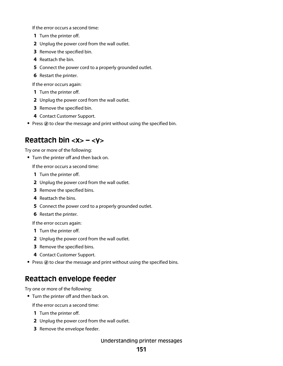 Reattach bin <x> – <y, Reattach envelope feeder | Dell 5530/dn Mono Laser Printer User Manual | Page 151 / 207