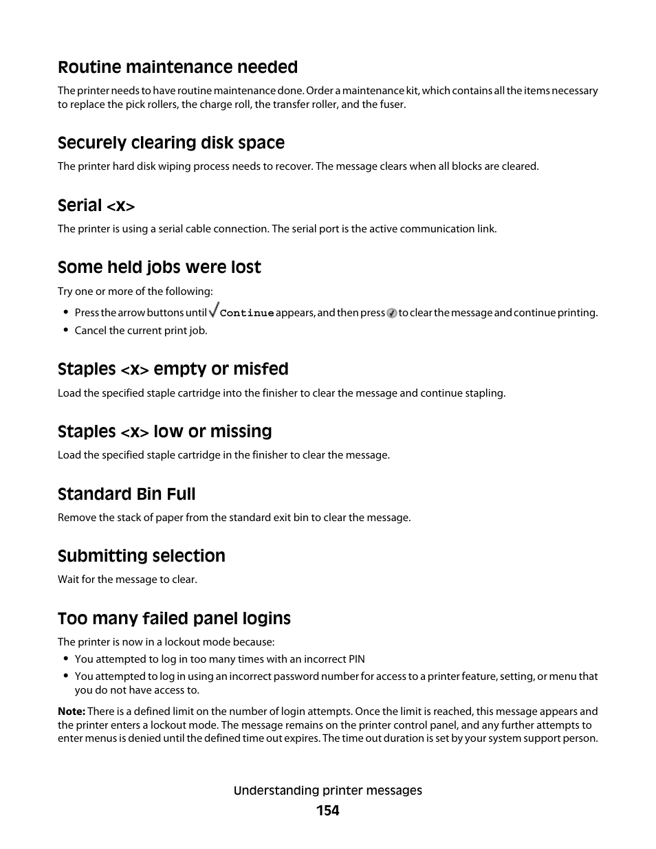 Routine maintenance needed, Securely clearing disk space, Serial <x | Some held jobs were lost, Staples <x> empty or misfed, Staples <x> low or missing, Standard bin full, Submitting selection, Too many failed panel logins | Dell 5530/dn Mono Laser Printer User Manual | Page 154 / 207
