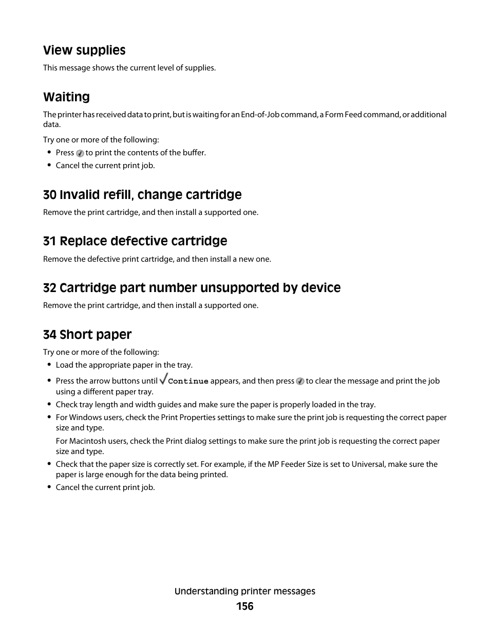 View supplies, Waiting, 30 invalid refill, change cartridge | 31 replace defective cartridge, 32 cartridge part number unsupported by device, 34 short paper | Dell 5530/dn Mono Laser Printer User Manual | Page 156 / 207