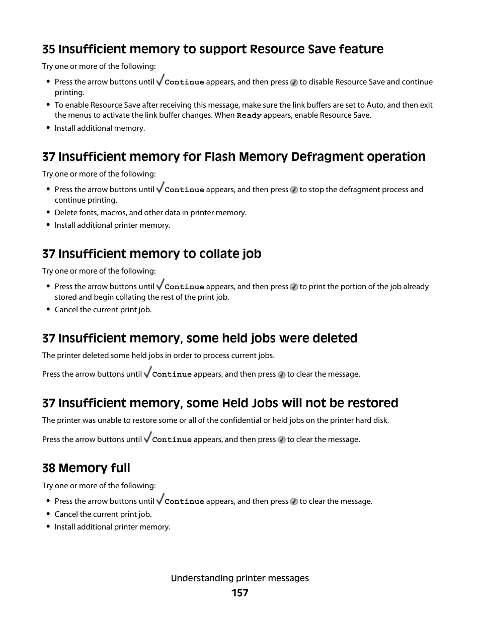 37 insufficient memory to collate job, 38 memory full | Dell 5530/dn Mono Laser Printer User Manual | Page 157 / 207