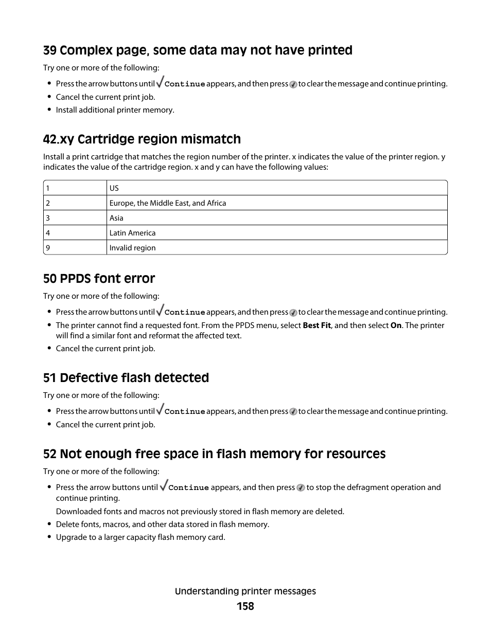 Xy cartridge region mismatch, 50 ppds font error, 51 defective flash detected | 39 complex page, some data may not have printed | Dell 5530/dn Mono Laser Printer User Manual | Page 158 / 207