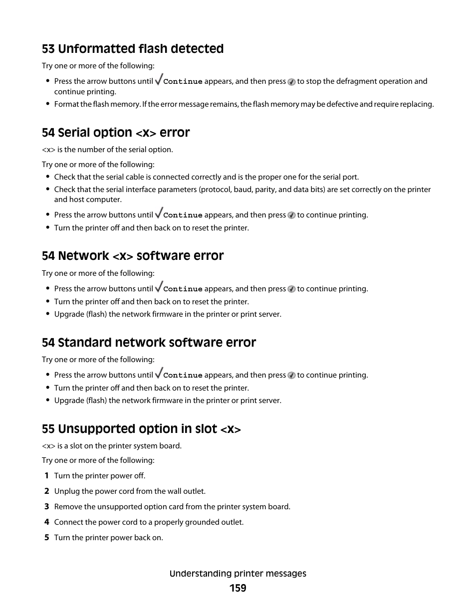 53 unformatted flash detected, 54 serial option <x> error, 54 network <x> software error | 54 standard network software error, 55 unsupported option in slot <x | Dell 5530/dn Mono Laser Printer User Manual | Page 159 / 207