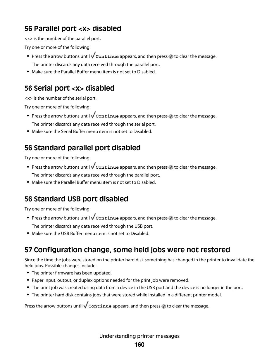 56 parallel port <x> disabled, 56 serial port <x> disabled, 56 standard parallel port disabled | 56 standard usb port disabled | Dell 5530/dn Mono Laser Printer User Manual | Page 160 / 207