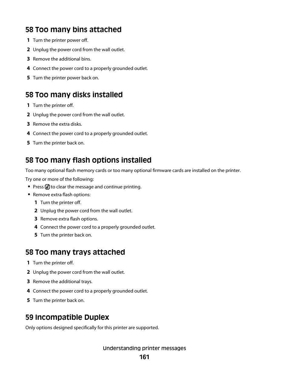 58 too many bins attached, 58 too many disks installed, 58 too many flash options installed | 58 too many trays attached, 59 incompatible duplex | Dell 5530/dn Mono Laser Printer User Manual | Page 161 / 207