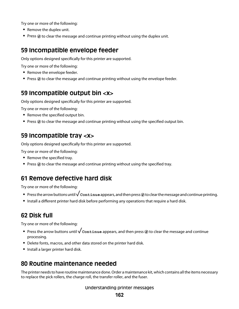59 incompatible envelope feeder, 59 incompatible output bin <x, 59 incompatible tray <x | 61 remove defective hard disk, 62 disk full, 80 routine maintenance needed | Dell 5530/dn Mono Laser Printer User Manual | Page 162 / 207