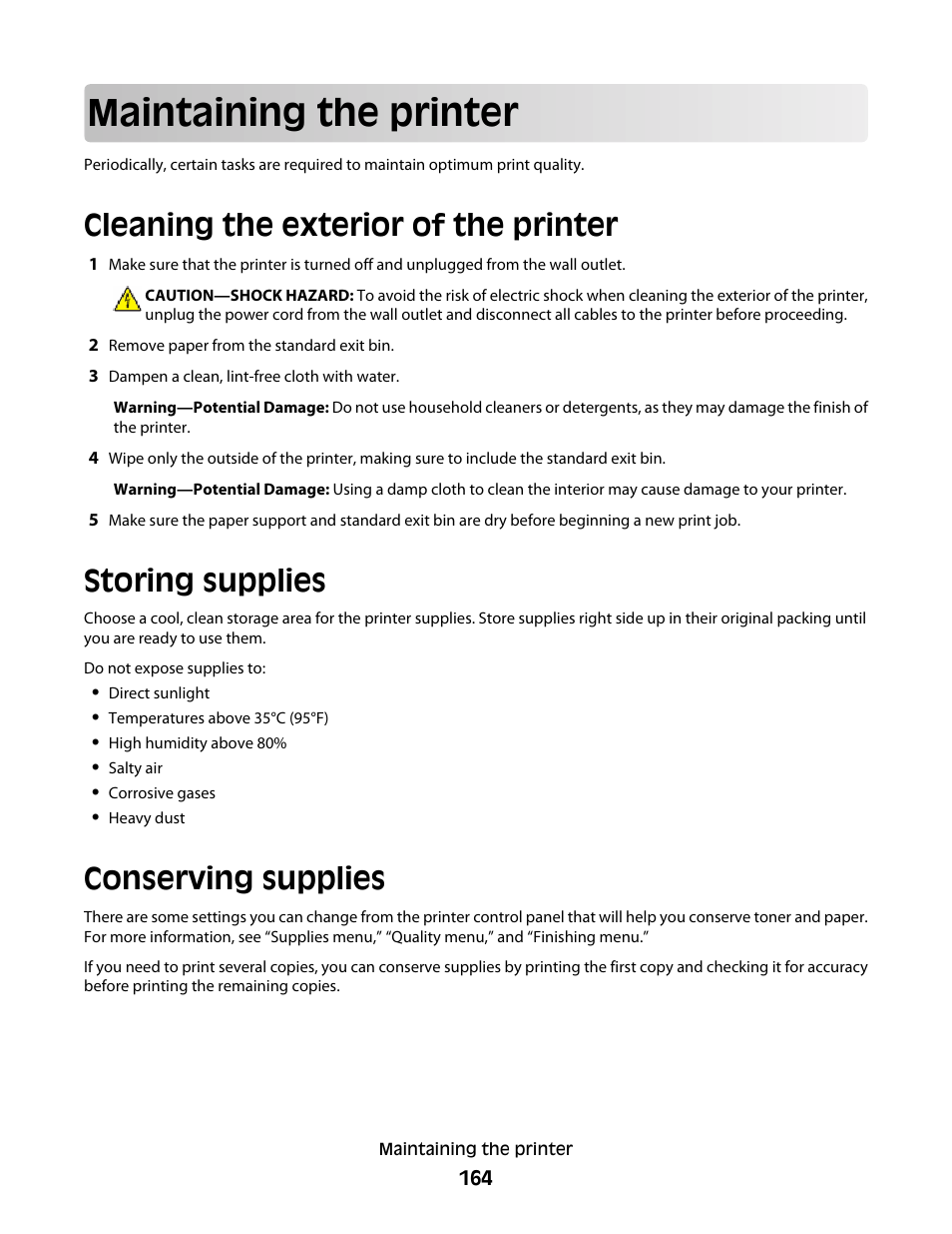 Maintaining the printer, Cleaning the exterior of the printer, Storing supplies | Conserving supplies | Dell 5530/dn Mono Laser Printer User Manual | Page 164 / 207
