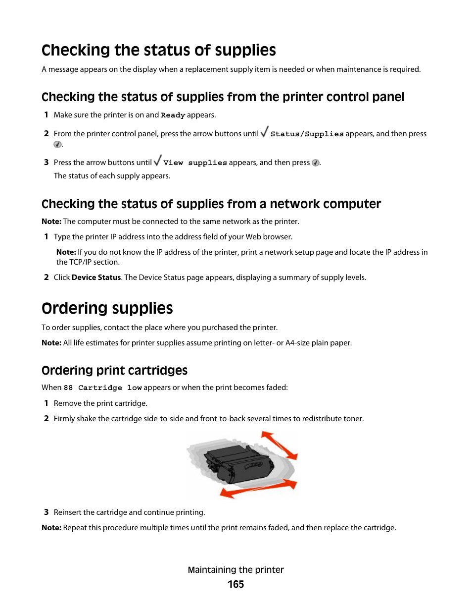 Checking the status of supplies, Ordering supplies, Ordering print cartridges | Dell 5530/dn Mono Laser Printer User Manual | Page 165 / 207