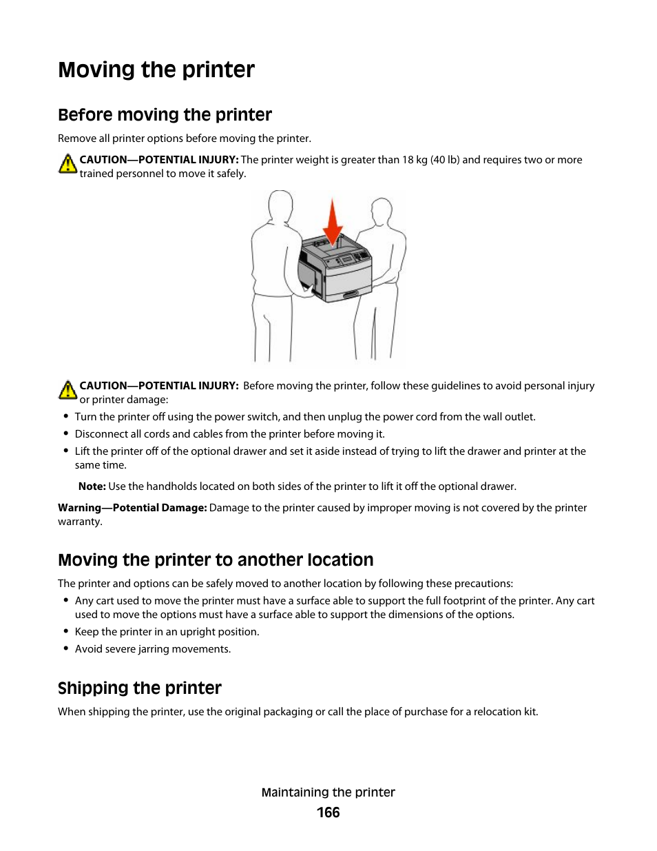 Moving the printer, Before moving the printer, Moving the printer to another location | Shipping the printer | Dell 5530/dn Mono Laser Printer User Manual | Page 166 / 207