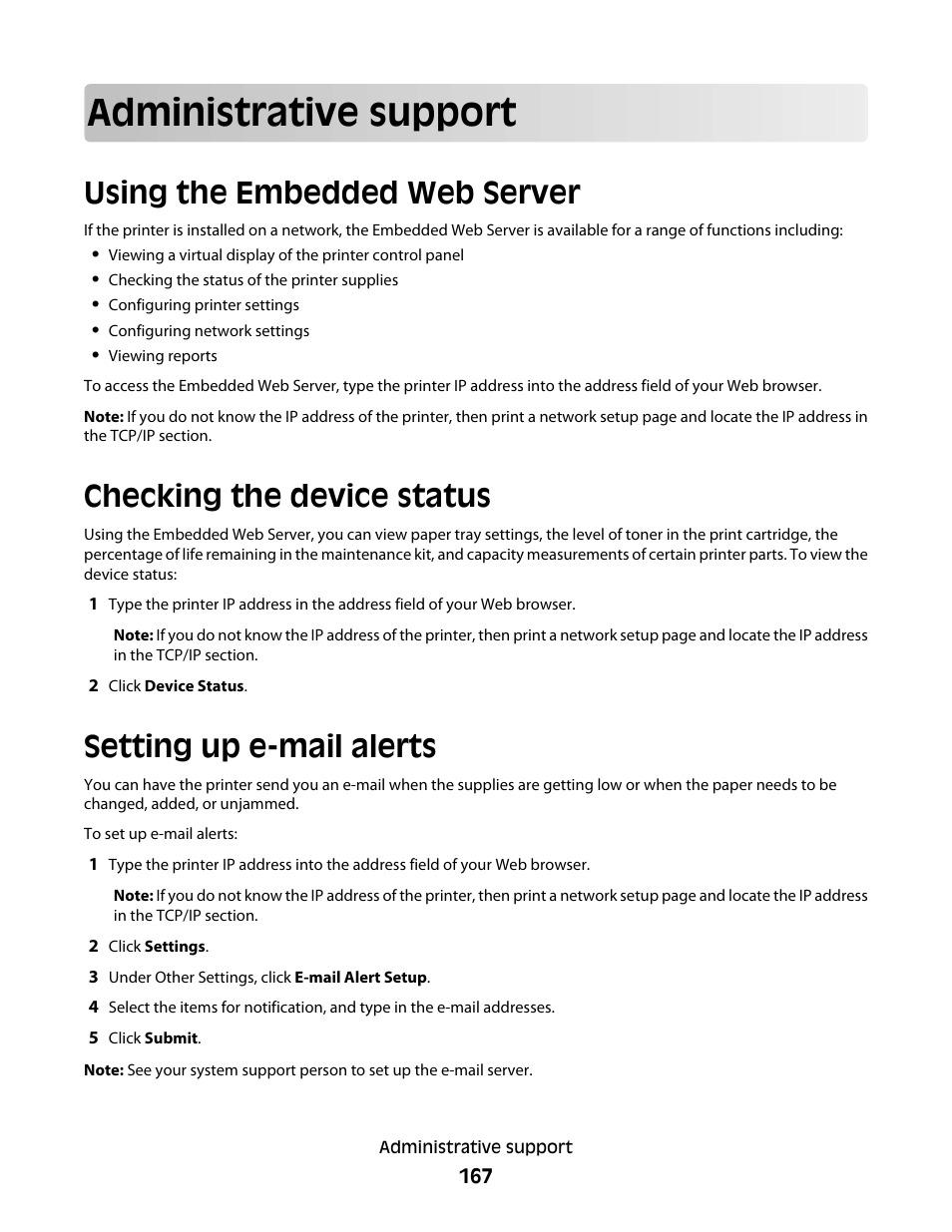 Administrative support, Using the embedded web server, Checking the device status | Setting up e-mail alerts | Dell 5530/dn Mono Laser Printer User Manual | Page 167 / 207