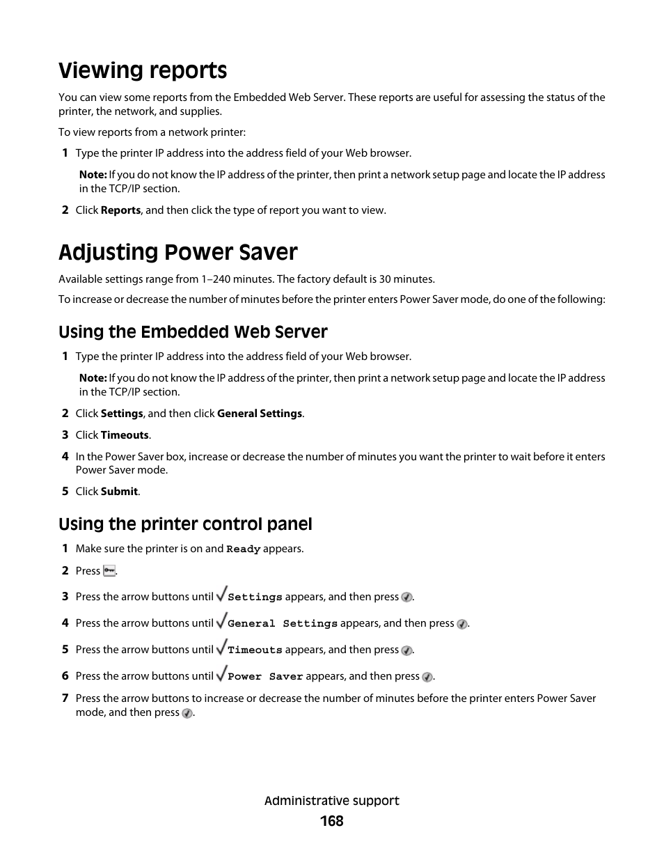 Viewing reports, Adjusting power saver, Viewing reports adjusting power saver | Using the embedded web server, Using the printer control panel | Dell 5530/dn Mono Laser Printer User Manual | Page 168 / 207