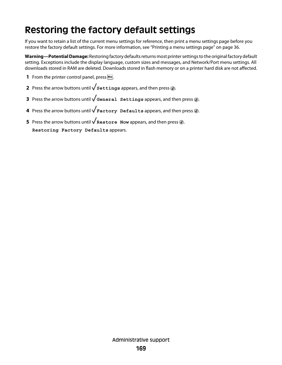Restoring the factory default settings | Dell 5530/dn Mono Laser Printer User Manual | Page 169 / 207